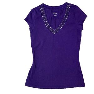 Express Women's Top Stud V-Neck Sexy Stretch Purple Tee Size Small